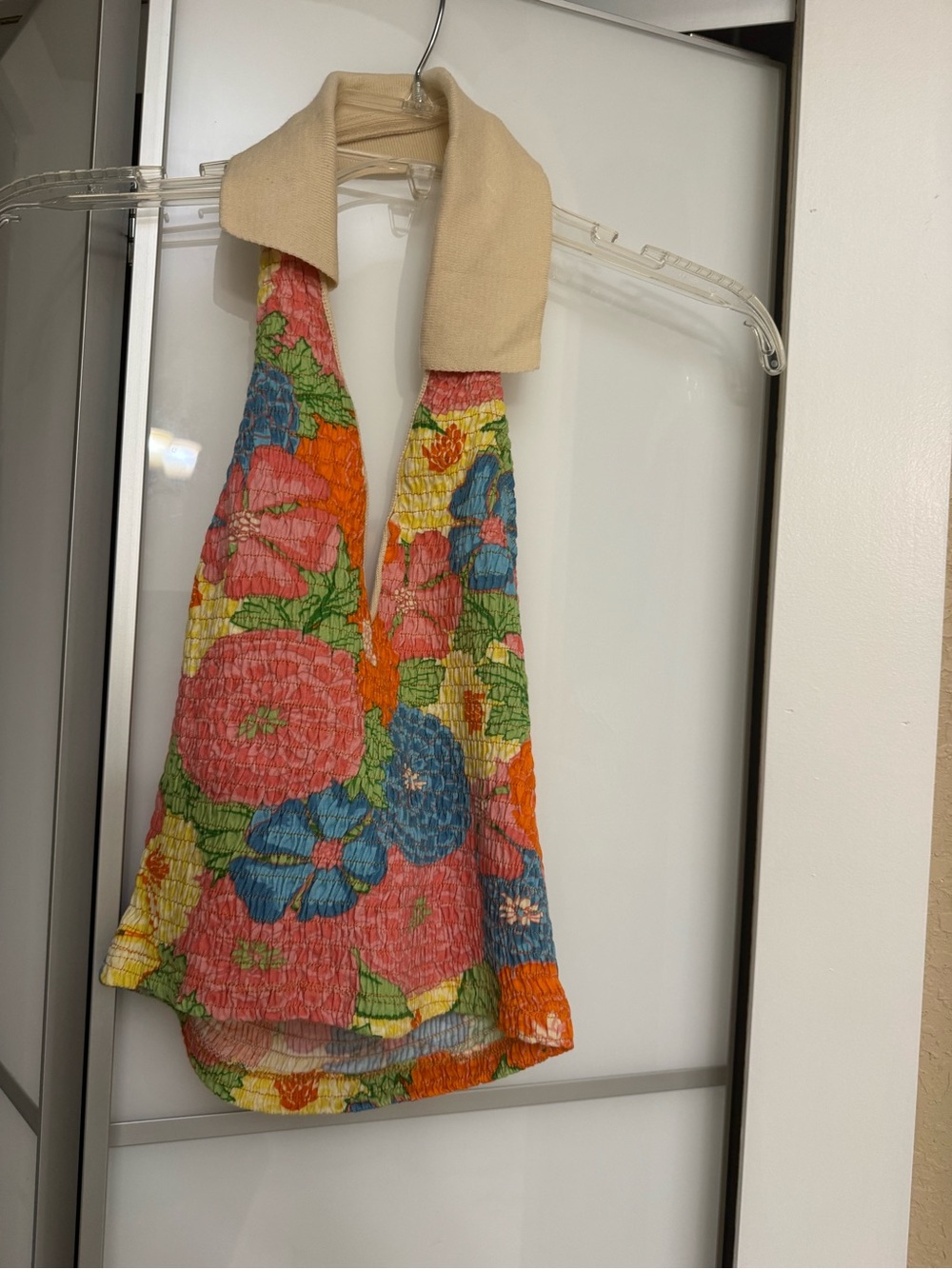 Zara Floral Smocked Halter Tote in Pink Multi with Cream Strap